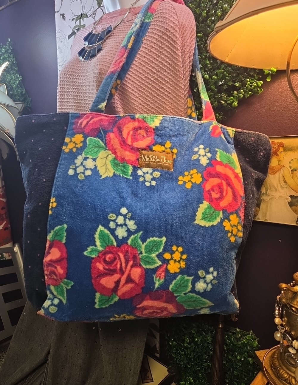 Matilda Jane Rose Covered Terry Tote With Pink Poka Dot Side Panels
